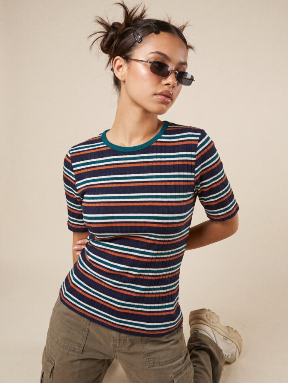 Forever 21 Striped Ribbed Tee Short Sleeve Crewneck Top Retro Multi Colour Knit
